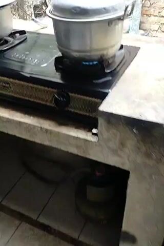 The video begins with a close-up shot of a steamer pot on a gas stove. The pot is silver with a black lid and a black handle. The stove is black with a gold patterned front panel and a black knob. The scene appears to be outdoors, with a brick wall visible in the background. In the next shot, steam is rising from the pot. A hand then reaches in and lifts the lid of the pot, revealing a clear plastic container filled with a brown, granular substance. The container is placed on the steamer rack inside the pot.