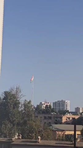 A flag pole stands tall against a clear blue sky, with a tri-colored flag flying at its apex. The flag, horizontally divided into red, white, and green stripes with a golden crown emblem in the center of the white stripe, appears to be the flag of Tajikistan. Trees with green foliage partially obscure the lower portion of the flag pole and the surrounding buildings. In the background, several multi-story buildings are visible, some with modern architectural designs. The scene suggests an outdoor urban environment bathed in daylight.