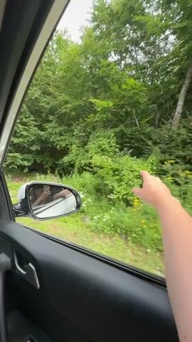 The video shows a view from inside a car, looking out the passenger window. A person's hand is visible reaching out the window, waving. The car is driving on a dirt road through a dense forest with lush green trees and foliage. The side-view mirror reflects a person sitting in the passenger seat. The sun is shining, casting shadows. The overall atmosphere is peaceful and scenic.