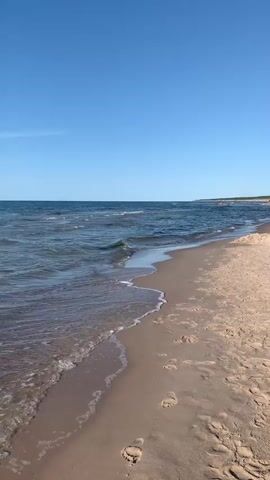 The video shows a serene beach scene with gentle waves lapping at the shore. The sand is a warm, golden color with visible footprints leading towards the water. The ocean is a deep blue, with the horizon clearly defined under a bright, clear sky. The water is calm, with small waves creating white foam as they reach the beach. The overall impression is one of peacefulness and natural beauty.