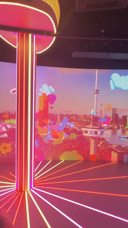 Immersive Rotterdam cityscape installation cycles through animated skyline scenes