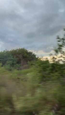 The video shows a view from inside a moving car, likely taken from a passenger-side window. The landscape outside consists of fields, grass, and some trees. The sky is predominantly overcast with grey clouds, though there's a break in the clouds allowing some sunlight to shine through, creating a brighter area on the horizon. The road appears to be wet, and there may be puddles or standing water visible. The overall impression is a rural or agricultural setting on a cloudy day.