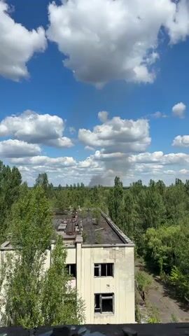 The camera is positioned on the roof of a weathered, abandoned building, looking out over a dense green forest under a blue sky filled with fluffy white clouds. In the distance, a plume of smoke rises from the trees. The building in the foreground is in disrepair, with broken windows and vegetation growing on the roof. Someone is speaking, though their words are indistinct. The overall impression is one of decay and potential danger, possibly a wildfire.