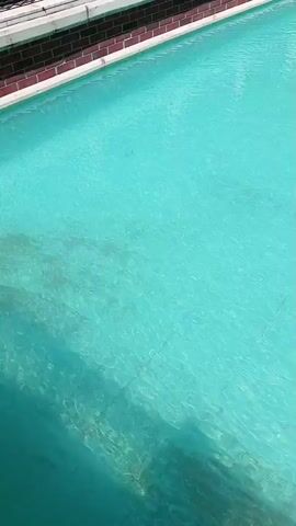 The video shows a slow pan over a turquoise canal, bordered by brick and white-railed walkways, with buildings in the background. A white arched bridge spans the canal.