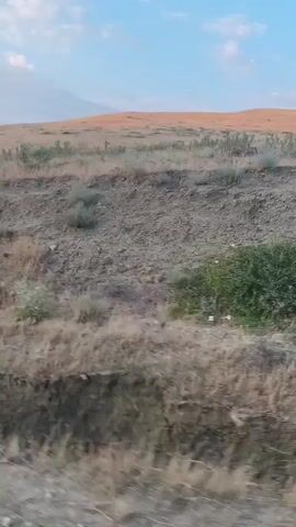 The video shows a landscape of dry, scrubby terrain under a blue sky with scattered clouds. The ground is uneven, with visible gullies and sparse vegetation. In the distance, there are rolling hills that appear dry and arid. The camera appears to be moving, giving a sense of motion through the environment. The overall impression is of a remote, natural landscape.