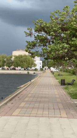 Waterside walking path documented in Vishnevyi, Russia