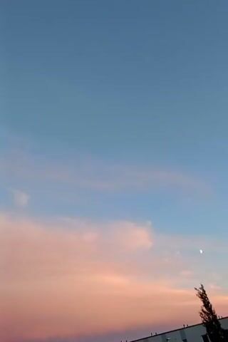 A time-lapse video shows a pale blue sky with wispy clouds. As the video progresses, the clouds begin to take on hues of pink and orange, indicative of a sunset. A sliver of the moon is visible in the upper right quadrant of the frame. Silhouetted against the colorful sky are the tops of several evergreen trees and the roofline of a building. The camera appears to be stationary.