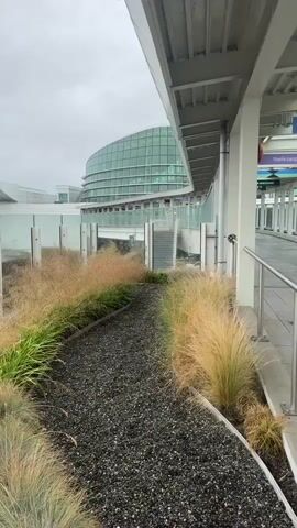 The video shows an outdoor pathway with gravel and ornamental grasses. To the left, a modern building with a curved glass facade is visible. To the right, a covered walkway with a metal roof and railings is present, along with a yellow structure labeled "RAWIE." In the background, an airport terminal with flags displayed on poles is seen under a cloudy sky. The video pans to the right, revealing more of the airport terminal and surrounding grounds.