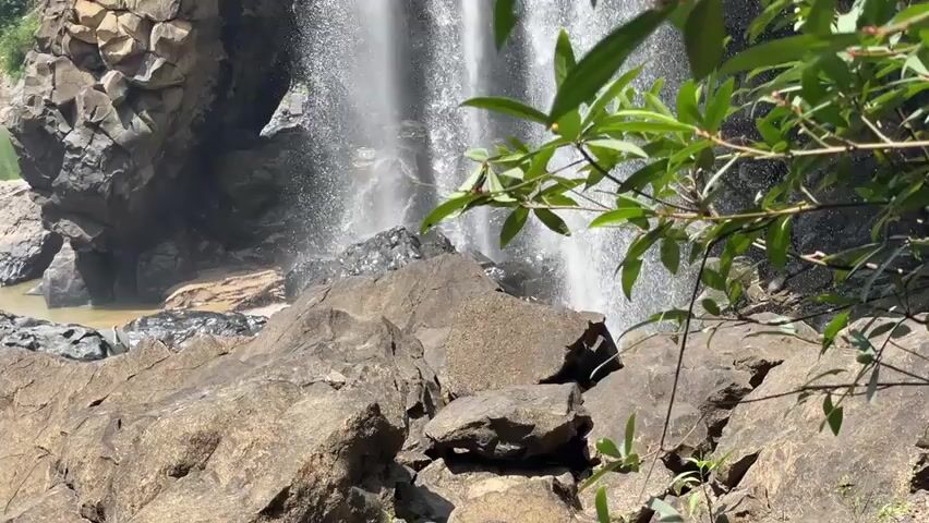 The scene shows a waterfall cascading over rocks. There are green leaves in the foreground, partially obscuring the view. The rocks in the foreground are large and brown, while the rocks near the waterfall are dark gray. The water of the waterfall is clear and rushing downwards, creating a visible mist. There is a pool of water visible at the base of the falls, with a slightly brownish tint. The sky is not visible, implying a bright, sunny day.