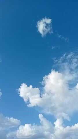 The video shows a view of a blue sky with fluffy white clouds. A few tree branches are visible at the bottom of the frame. Voices are heard in the background, but they are not intelligible. The camera is stationary.