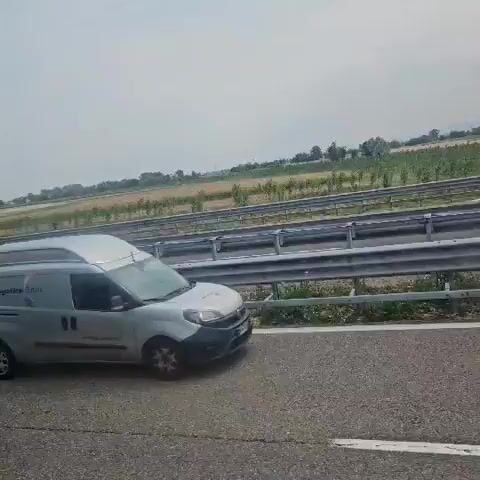 The video shows a side view of a green MAN truck parked on the side of a highway. A silver van with "Logistics" written on its side is parked next to it. The truck has the model number TGX 18.510 on its side, and a logo with the letters "RT" within a stylized "R". A red shipping container is visible on the truck bed. The background consists of fields and trees under a cloudy sky. The camera is mounted on a vehicle that appears to be moving slowly or stopped behind the truck.