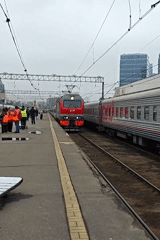 Russian Railways train observed at Moscow station during overcast morning