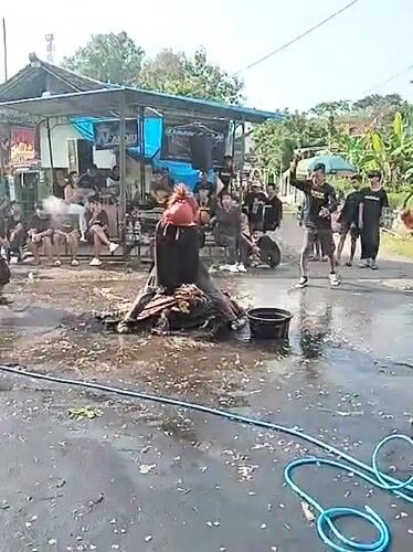 Costumed figure draws crowd in puddle in Pereng