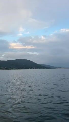 A vertical video shows a view from a kayak on a calm body of water. In the distance, a tree-covered hillside lines the shore, with a few scattered buildings visible. The sky is mostly cloudy, with patches of blue sky peeking through, and a hint of pink and orange light suggests either sunrise or sunset. The water is a deep blue-gray, with small ripples indicating gentle movement. The front of the kayak is visible in the lower right corner of the frame. The scene is peaceful and serene.