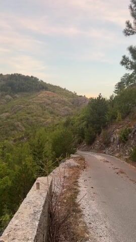 The video shows a winding road through a mountainous, forested area. The road is paved and appears to be in good condition. There is a low stone wall on the left side of the road, separating it from a steep drop-off. The landscape is dominated by green trees and rugged, rocky hills. The sky is a pale blue with wispy clouds, and the lighting suggests it is either sunrise or sunset. The camera pans across the landscape, revealing more of the hills and the vastness of the natural scenery. There are no people or vehicles visible in the video. The overall impression is one of a remote and tranquil natural environment.