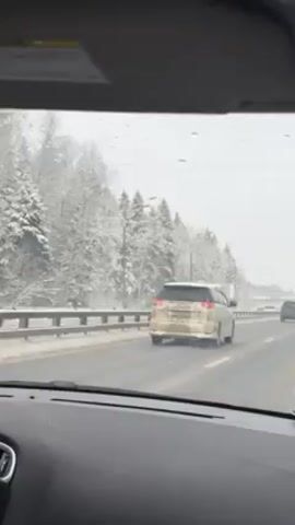 The view from inside a car driving on a snowy highway shows a line of cars moving in the same direction. On the right side of the highway, snow-covered trees line the road. The sky is overcast, giving the scene a monochromatic, wintry appearance. A red SUV passes by the driver's car in the adjacent lane. The car's dashboard is visible in the foreground, indicating the perspective of a driver or passenger.
