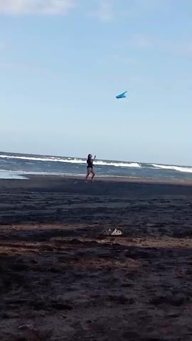 A person is flying a blue kite on a beach. The person is standing near the water, which has waves. The sky is blue with some clouds. The sand is dark. The kite is in the air, to the right of the person.