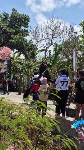 A group of people are gathered outdoors, observing a performance. A person is dressed in a black horse costume and is being held up by two individuals. Other people in the background are watching the performance, some are holding up flags or banners, and others are recording the event with their phones. The environment appears to be a street or road, with trees and buildings visible in the background. The sky is blue with some clouds. The people are dressed in casual clothing, some are wearing matching shirts with the number 77. The horse costume is black with red and white accents. The overall atmosphere seems festive and celebratory.