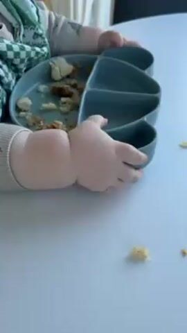 The video shows a baby sitting at a round white table. The baby is wearing a gray shirt and green patterned bib. The baby's hands are holding a blue silicone divided plate with some food remnants on it.  The baby seems to be examining the plate.  There are a few small pieces of food on the table as well. The background includes a window with white curtains and a black chair.