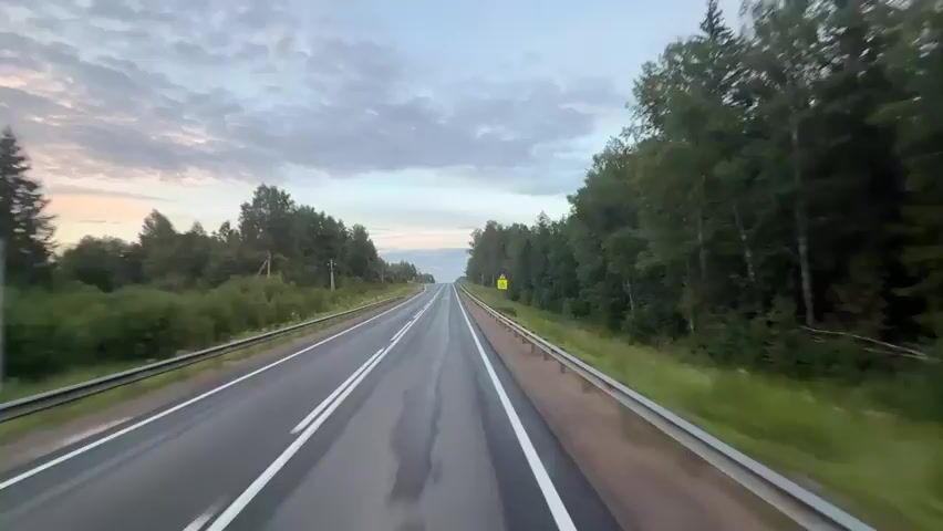 The video shows a first-person perspective of driving on a wet asphalt road through a forest. The road is divided into two lanes by white lines. Guardrails are visible on both sides of the road. Tall green trees line the road, forming a dense forest. The sky is cloudy and appears to be twilight. A yellow triangular road sign with an image of a pedestrian crossing is visible on the right side of the road at the beginning of the clip. The camera is in motion, suggesting the vehicle is traveling at a moderate speed. There are no other vehicles or people visible in the frame.
