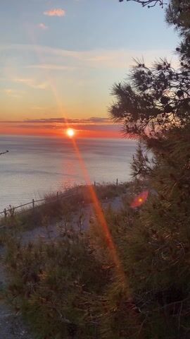 The video opens with a panoramic shot of a sunset over the sea, framed by tree branches. The sun is low on the horizon, casting a golden glow on the water. A path with a wooden fence runs along the cliffside. The camera then pans left to reveal more of the coastal landscape. A man with curly hair and a beard, wearing a white t-shirt, black pants, and blue gloves, is seen holding a long-handled tool, possibly a shovel. He stands on a paved platform with a concrete bench and a lamppost, looking toward the sea with a smile. The sunset continues to serve as a backdrop, highlighting the contrast between the natural beauty and the man in a work-related setting.