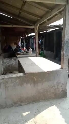 The video shows a street scene with several people. In the foreground, there is a concrete structure, possibly a raised platform or trough. In the background, there is a covered area with a corrugated metal roof, supported by wooden poles. Several people are visible in the covered area, some sitting, some standing, and one appears to be cooking. There are various objects in the scene, including bags, containers, clothing, and what looks like a washing area. The environment appears to be an outdoor market or residential area.