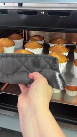 A person using a gray oven mitt pulls a tray of freshly baked cupcakes from an oven. The cupcakes are in white paper liners with gold rims and are golden brown on top. The tray is shiny and there are spots of spilled batter. The background is a kitchen setting. The cupcakes are arranged neatly on the tray.