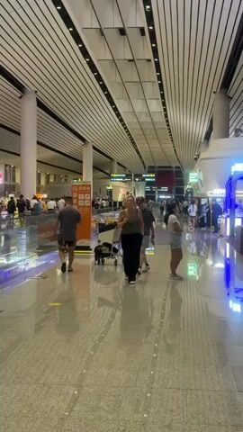 A wide shot captures a bustling airport concourse with a polished, reflective floor and a distinctive ribbed ceiling. In the foreground, three individuals are walking. A young man in a striped t-shirt and shorts leads, followed by a woman in a green tank top and black pants who appears to be speaking on her phone. Behind them, a man in a grey t-shirt and shorts walks with a black stroller. Further in the background, other travelers and airport staff are visible, along with signage, kiosks, and a blue-lit vending machine or display on the right. The atmosphere suggests ongoing travel activity.