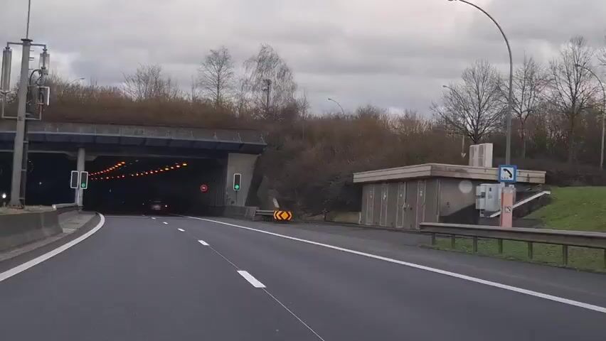A car is driving on a two-lane highway towards a tunnel. The tunnel has a low roof covered with foliage, and there are signs and traffic lights on either side of the entrance. Inside the tunnel, there are rows of orange lights on the ceiling and emergency lights on the side. The car continues driving through the tunnel, following the white lane markings.