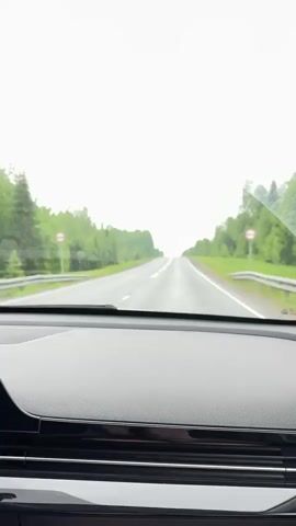 The video presents a first-person perspective from inside a vehicle, looking out through the windshield onto a straight, two-lane road. The car's dark gray dashboard with a textured surface and glossy black trim is visible at the bottom of the frame. The road ahead stretches into the distance, flanked on both sides by green trees and foliage, suggesting a rural or semi-rural setting. The sky is uniformly white and overcast, indicating a cloudy day, and the road surface appears wet, possibly from recent rain or light precipitation. Water droplets are visible on the windshield. There are no other vehicles, people, or discernible text in the shot. The scene depicts a calm drive through a natural landscape, consistent with the provided location context of Anninsk, Russia.