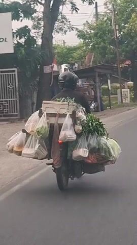 A person wearing a black helmet and dark clothing rides a motorcycle loaded with many bags of produce and other items. The bags are attached to both sides of the motorcycle and also on the back. The motorcycle is on a paved road with some trees and buildings visible in the background. Other vehicles, including another motorcycle with a sidecar, are also on the road.