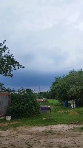 The video shows an outdoor scene with a cloudy sky, suggesting it might be before or after a storm. A wooden fence is visible on the left, and a lush green bush is in front of it, with a white bucket nearby. In the center of the frame, a purple tarp is draped over a metal stand, possibly a grill or an outdoor table. To the right, a large green tree stands with a blue barrel at its base and white markings on its trunk. The ground is a mix of dirt and grass. In the distance, there are more trees and a pole, possibly a utility pole. The overall mood is calm but somewhat somber due to the dark clouds. The time of day appears to be daytime, but the heavy cloud cover makes it difficult to be precise. The setting seems to be rural, consistent with the provided location context of Сінькоўскі сельскі Савет, Belarus. There are no people visible in the video.