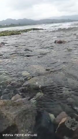The video shows a low-angle, close-up view of shallow water flowing over rocks near a shore. The water is clear, allowing the rocks beneath to be seen. In the background, the ocean waves are visible, breaking on the shore, with a distant coastline and hills under a cloudy sky. The footage appears to be recorded on an Infinix NOTE 40 Pro 5G phone.