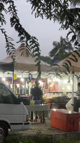 A white van is parked on the left side of the frame, facing away from the camera. Behind the van, a market stall is set up with tents and lights. Two people are visible at the stall, one wearing a black apron and the other in a blue shirt. There are tables with food displayed on them, and an orange cooler box is in the foreground. Trees with green leaves are in the upper part of the frame, and palm trees are visible in the background. The sky is overcast.