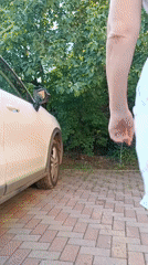 Woman poses with car, clothing details captured in Kommunarka