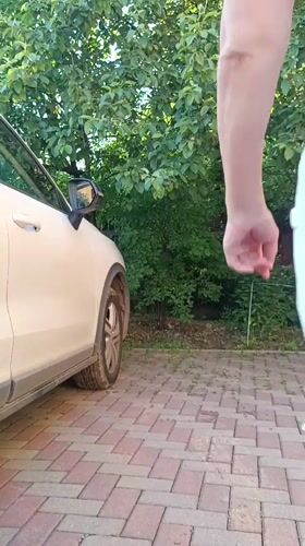 Woman poses with car, clothing details captured in Kommunarka
