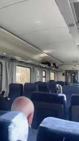 The interior of a passenger train car is captured in the video. Rows of blue upholstered seats are visible on either side of the aisle, some of which are occupied by passengers. One passenger, an older man with gray hair, is seated in the foreground. Above the seats are overhead storage racks, one of which contains luggage. The train car has windows along the sides through which trees can be seen passing by. There is a doorway at the end of the train car, leading to another section.