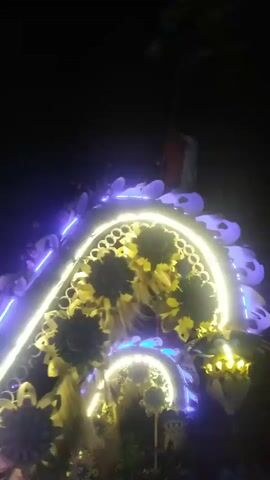 This video captures a nighttime scene in Dukuh Klopo, Indonesia, likely a celebration or event featuring a sound system and decorative elements. The primary focus is a large, illuminated structure resembling a dragon or a similar mythical creature, adorned with bright yellow flowers and outlined by blue and white neon lights. The creature appears to be mounted on a truck, indicated by the presence of large speakers stacked on its sides, suggesting a mobile sound system.

Several people are visible in the foreground, some appearing to be part of the event's crew or participants. They are dressed casually, and some are wearing t-shirts with visible logos. The lighting is dynamic, with the neon lights on the structure flashing and casting colorful glows on the surrounding area. The ground is dark and appears to be a road or pathway. The overall mood seems festive, with the bright lights and the presence of people suggesting a lively gathering. The time of day is clearly night, with the darkness accentuated by the vibrant illumination. The presence of trees and foliage in the background provides a natural element to the scene, contrasting with the artificial lights and sound equipment. There are no discernible weather conditions, but the darkness suggests it's not raining.

Visible text on the speakers includes "ROW" and "FILD." Some of the people are wearing t-shirts with a logo featuring the number "57."