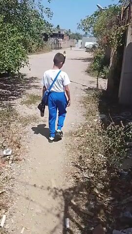 The video depicts a young boy walking away from the camera down a dirt road. He is wearing a white shirt, blue pants, and dark shoes. He has a bag slung over his shoulder. The road is bordered by trees and bushes on one side and a wall on the other. In the distance, another person can be seen walking in the same direction. There are also buildings and a vehicle visible in the background. The sky is blue and clear.