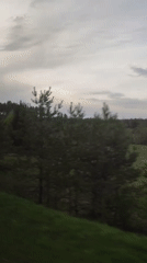 Moving vehicles traverse rural landscape with fields and trees