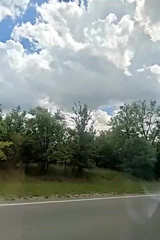 The video displays a view from a vehicle traveling on a road, with the camera angled to capture the scenery outside. The sky is predominantly blue with fluffy white clouds. In the foreground, a paved road with a white line marking is visible. Beyond the road, there is a grassy verge followed by a dense line of trees and foliage. The trees vary in size and density, with some appearing taller and more spread out than others. The scene suggests a natural, possibly rural or suburban, environment. The camera's movement indicates the vehicle is in motion. There are no people or specific objects of interest clearly discernible within the frame, other than the natural landscape. The lighting suggests it is daytime, likely overcast given the cloud cover.
