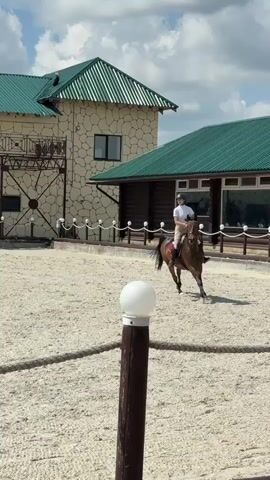 A person wearing a helmet and riding attire is on a brown horse in a sandy arena. The horse is trotting. In the background, there is a multi-story building with a green roof and stone facade. Spectators are visible on a balcony of the building. There are also fences and jumps in the arena. The sky is partly cloudy.