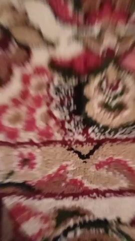 The video is an extreme close-up shot of a patterned rug or carpet. The camera is moving slightly, causing the image to be blurry and out of focus. The patterns appear to be floral or paisley, with colors including red, pink, green, brown, and cream. There are also some black accents within the patterns. The texture of the rug is visible, appearing to be woven.