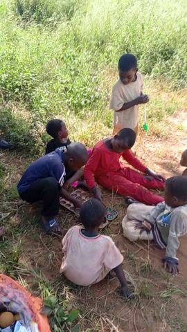 A group of young children are sitting and playing a game on the ground in a grassy area. There are about eight children of varying sizes. They are gathered around a board game with circular spaces. Some children are actively playing the game, while others observe. One child is standing and holding what appears to be a plastic toy. There's a plastic bag with some items beside the children. The ground is a mix of dirt and grass, and the surrounding area is green with vegetation. The lighting suggests it is daytime.