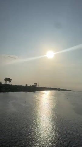 A vertical video captures a sunrise over a wide river. The sun, a bright orb with a lens flare, is positioned in the upper right quadrant of the frame, casting a shimmering reflection across the water. The left bank of the river is lined with trees and some structures, suggesting a populated area. As the video progresses, the camera pans slightly to the right, revealing more of the river and the distant horizon. The sky transitions from a hazy dawn to a clear blue. In the latter half of the video, the camera moves to focus on a road and bridge structure that runs alongside the river. People are visible walking and riding bicycles on the bridge. The bridge is marked with green and white barriers. The video concludes with a view of the road stretching into the distance, with the river and vegetation on the left.