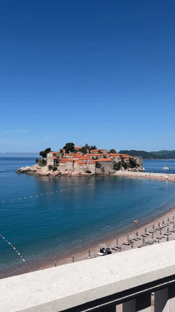 Sveti Stefan island village and its causeway beach, Montenegro