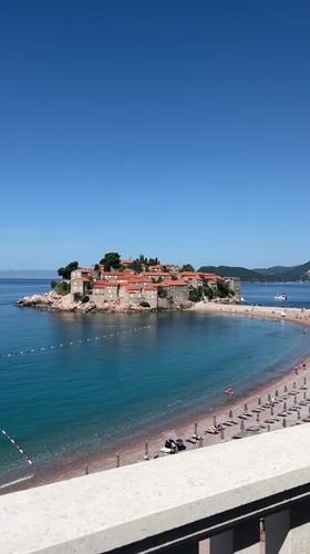 Sveti Stefan island village and its causeway beach, Montenegro