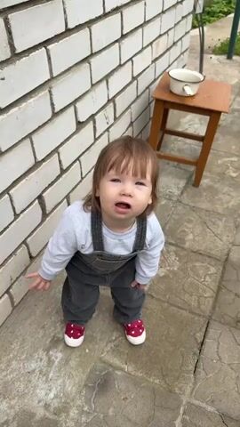 A toddler wearing a grey long-sleeved shirt, denim overalls, and red shoes with white polka dots stands in front of a white brick wall. The toddler has brown hair and is looking up with a sad expression. To the right of the toddler, there is a wooden stool with a white metal bowl on top. The ground is paved with grey stones. The toddler then turns and walks towards the wall, touching it with their hands.