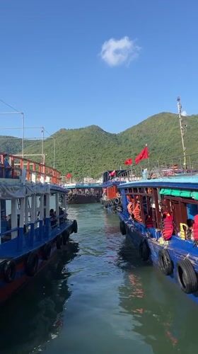 Boats with passengers dock at Vietnam coastal waterway