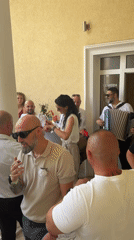 Outdoor wedding celebration near a fountain in Haskovo, Bulgaria
